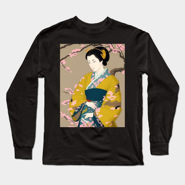 Ukiyo-e Japanese Art - Beautiful Woman Wearing Yellow Kimono Long Sleeve T-Shirt by allovervintage